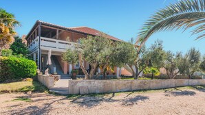 A two-story house with a tiled roof, surrounded by a gravel driveway and various trees. - Stunning apartment in Privlaka with WiFi (Privlaka)