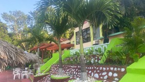 A landscaped outdoor area with palm trees, a thatched structure, and a seating area with plastic chairs. - Brisas de los Alpes (Jarabacoa)