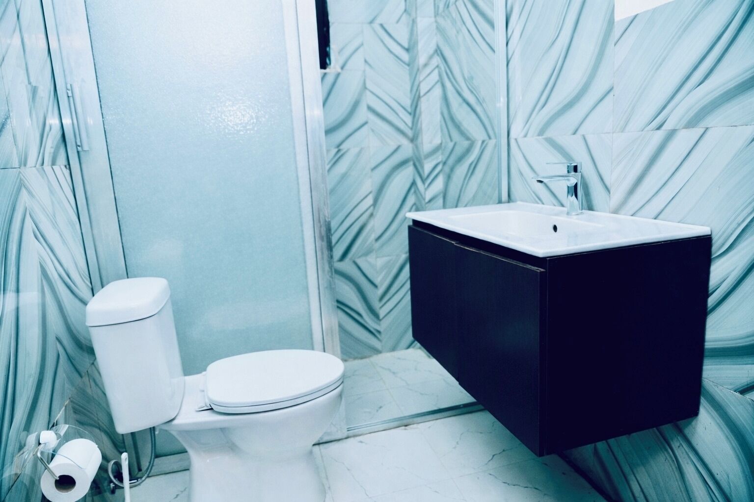 Shower, towels, soap, toilet paper