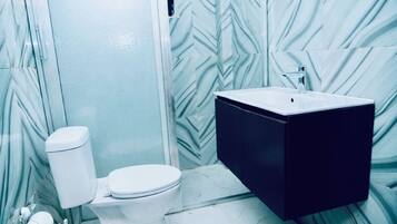 Shower, towels, soap, toilet paper