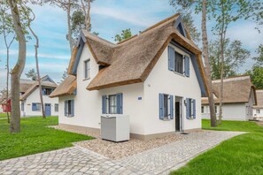 Une maison moderne avec un toit de chaume, un système de climatisation central et une allée pavée.
