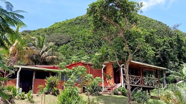 Ein rustikales Haus mit roter Fassade, umgeben von üppiger Vegetation und einem Hügel im Hintergrund.