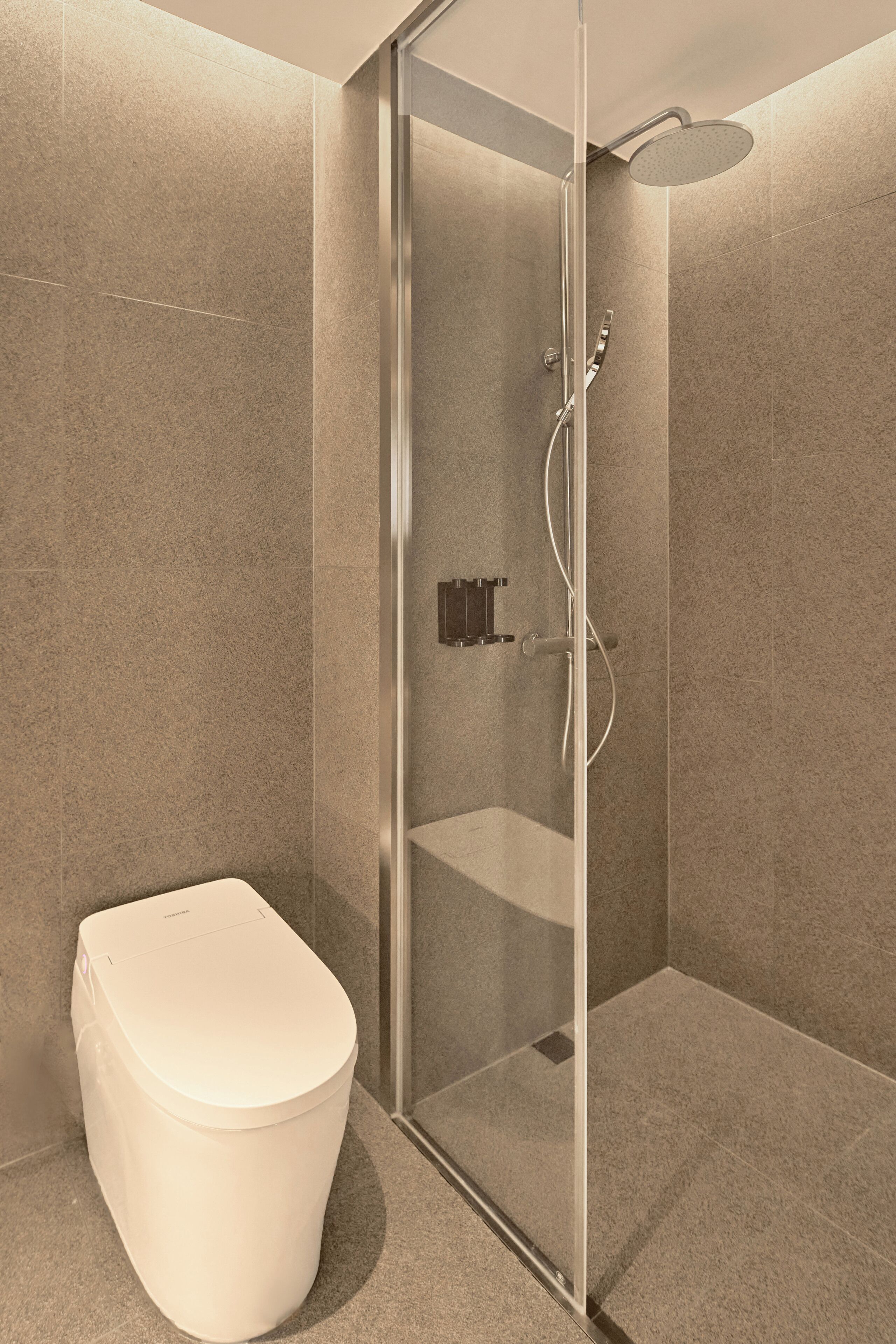 A modern bathroom with a glass-enclosed shower, a white toilet, and a wall-mounted towel rack.