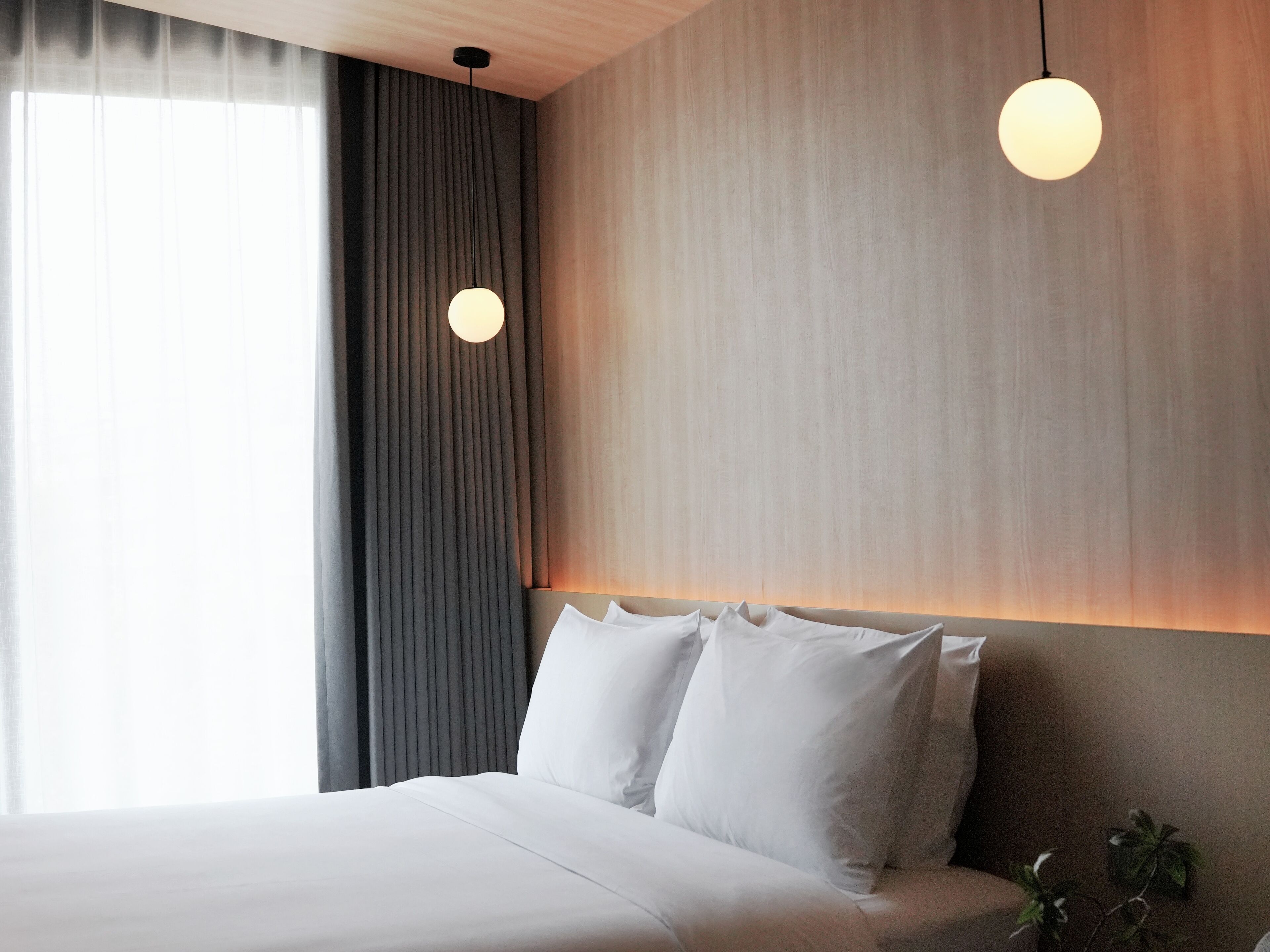 Habitación de hotel moderna con una cama grande, una cortina oscura, una lámpara redonda y una planta.