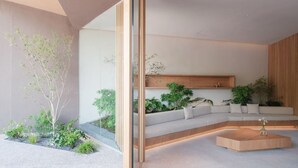 A modern interior with a seating area, a wooden coffee table, and various plants.