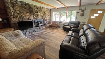 Una Smart TV, una chimenea, un reproductor de DVD, libros