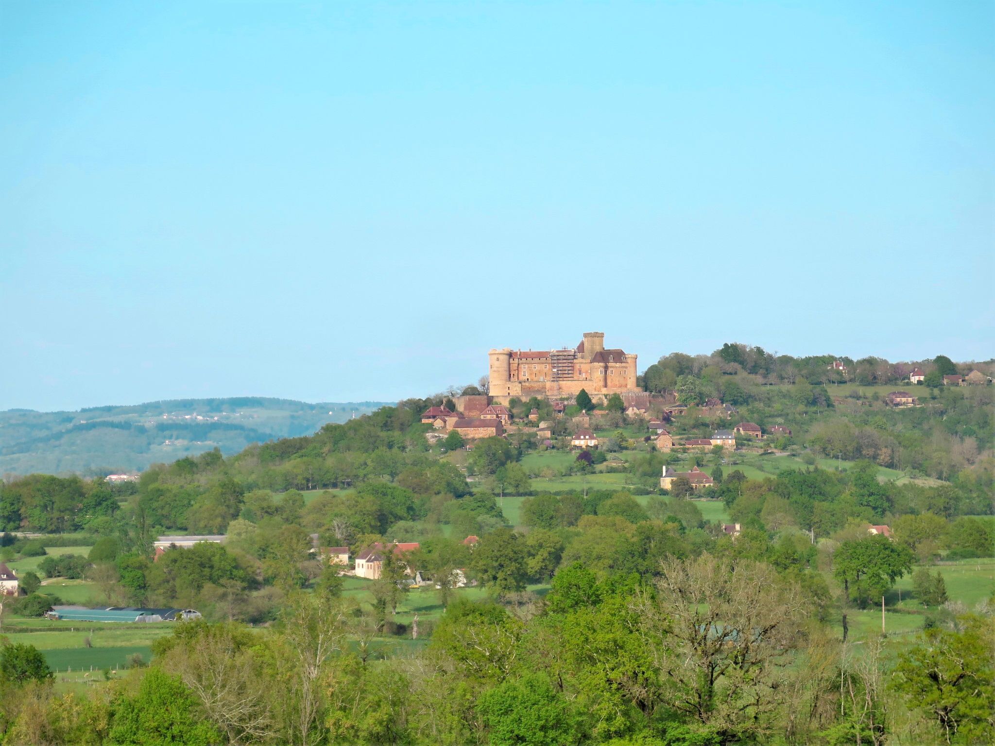 Un castello su una collina, circondato da vegetazione e piccoli edifici.