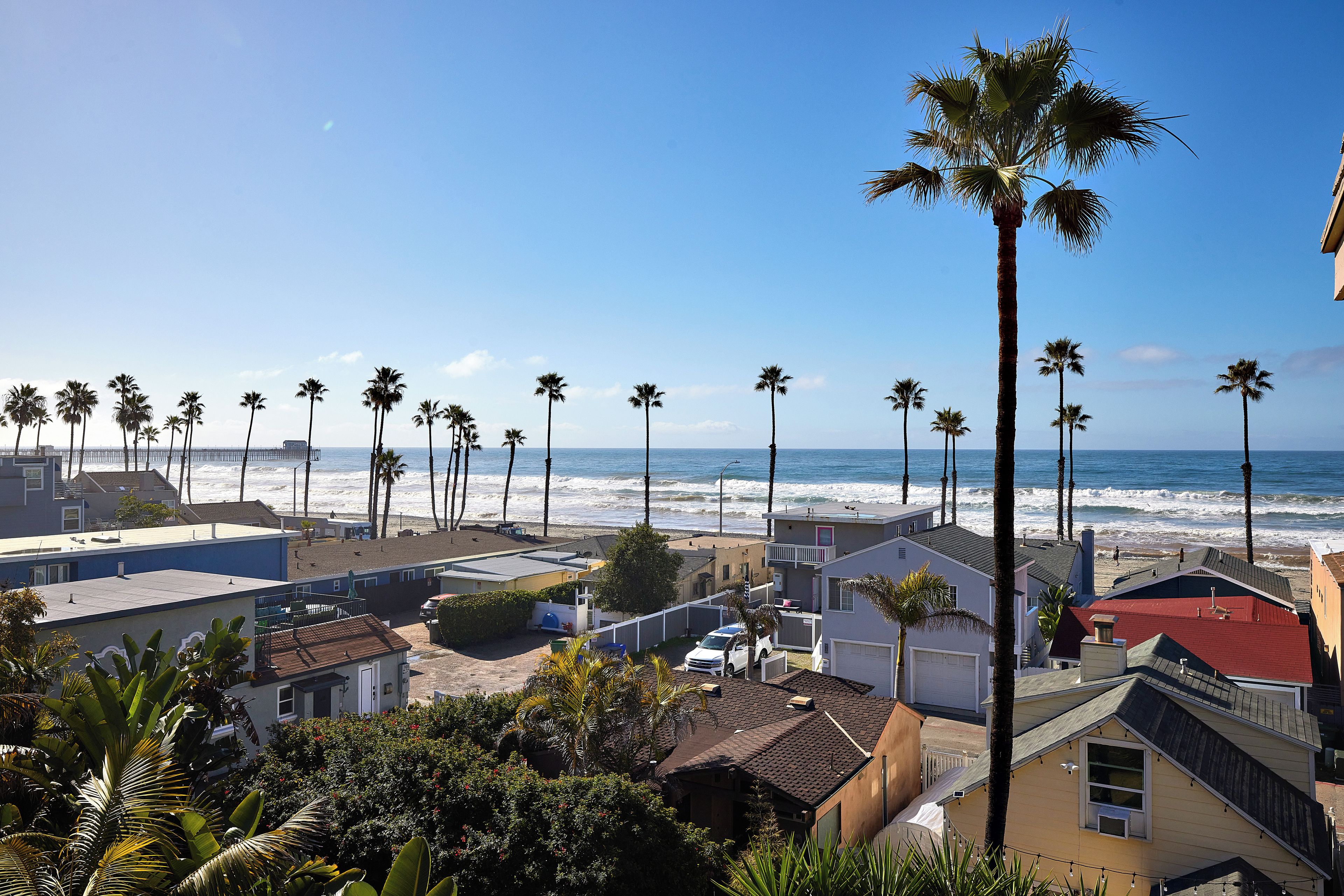 A coastal residential area with houses, palm trees, and a view of the ocean.
