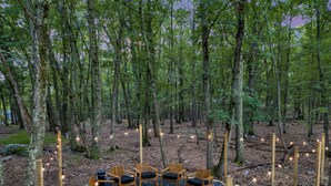 A circular seating area with chairs and a central fire pit surrounded by a gravel path, set in a forested area with trees and string lights.