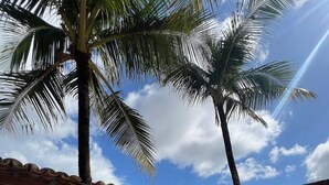 A residential area with a house featuring a tiled roof, wooden doors, and a small attached garage. There are palm trees and a well-maintained lawn. - Pousada Summer Kite Cumbuco (Caucaia)