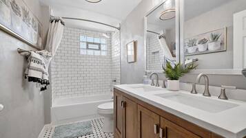 Hair dryer, towels, soap, shampoo