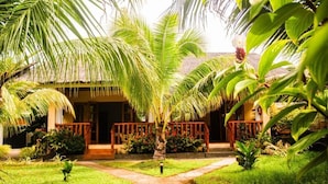 Un complexe hôtelier tropical doté d’un bâtiment à toit de chaume, d’un palmier central et d’un chemin pavé menant à l’entrée.