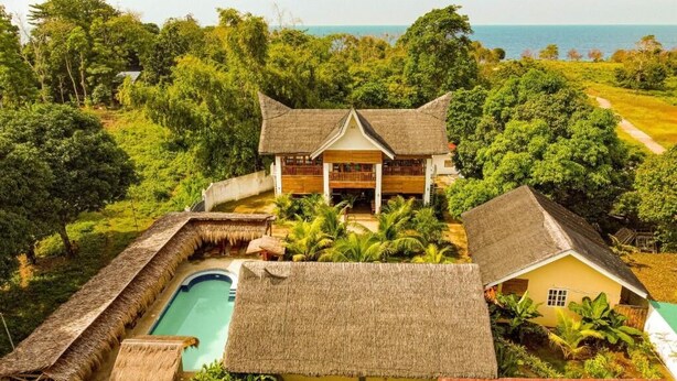 Une maison de style bungalow avec un toit de chaume, une piscine et une végétation luxuriante qui entoure la propriété.