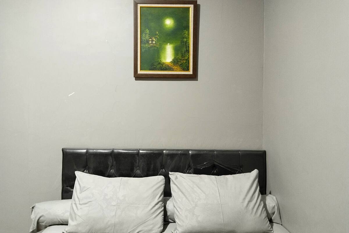Una habitació amb un llit, dos coixins, un capçal i un quadre a la paret.
