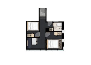 A hotel room layout with a bed, two seating areas, a bathroom, and a small kitchenette. - UH Suite Seoul Deoksugung (Seoul)