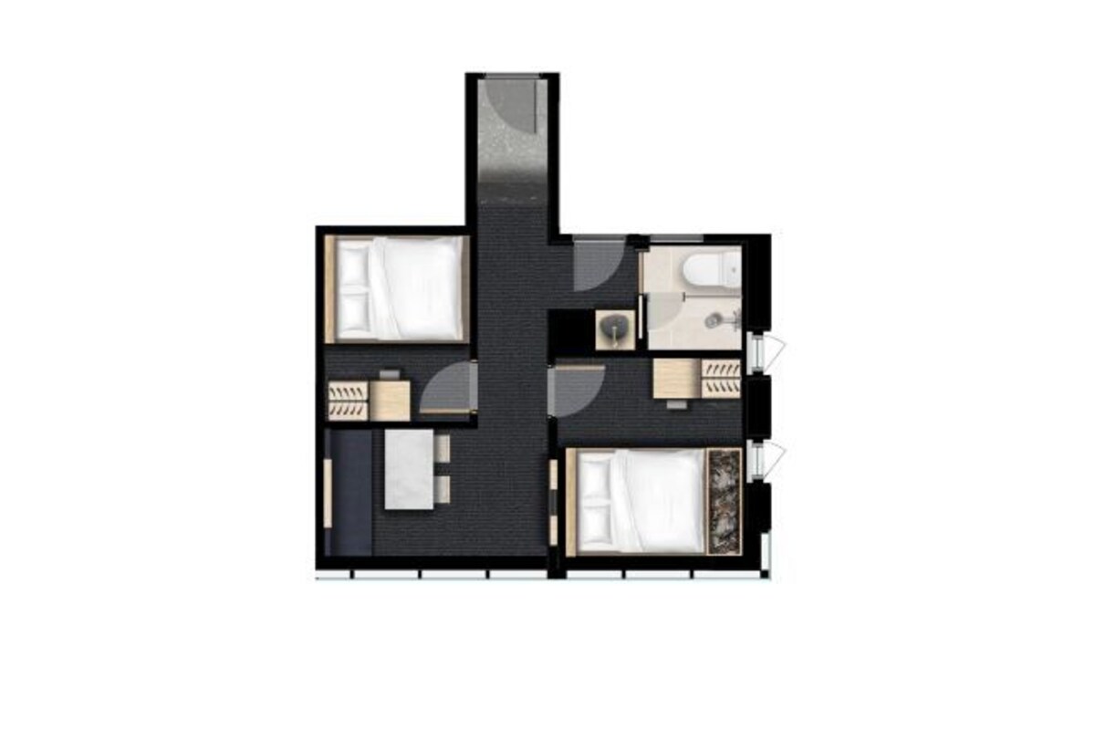 Indeling van een hotelkamer met twee bedden, een zithoek, een badkamer en een kleine kitchenette.