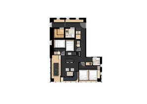 A hotel room layout with a large bed, a desk, a sofa, a small bathroom, and a seating area. - UH Suite Seoul Deoksugung (Seoul)