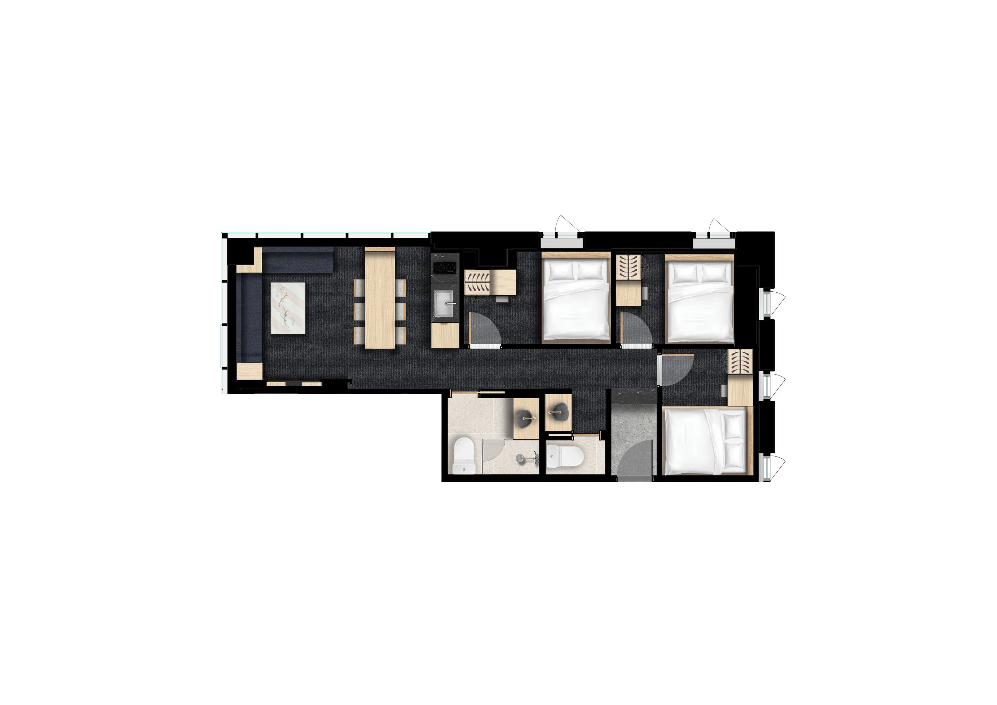 Plano de distribución de una habitación de hotel con sala de estar, cocina, baño y dos dormitorios.