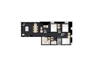 A floor plan of a hotel room with a living area, a kitchen, a bathroom, and two bedrooms. - UH Suite Seoul Deoksugung (Seoul)