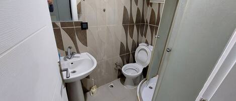 A compact bathroom with a sink, toilet, and shower area.