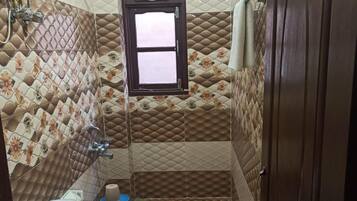 Shower, towels, soap, toilet paper