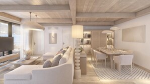 A modern living room with a sofa, dining table, and pendant lights. - Ruins Luxury Resort (Bodrum)
