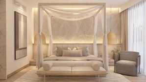 A modern bedroom with a four-poster bed, a large mirror, and a view of the city through floor-to-ceiling windows. - Ruins Luxury Resort (Bodrum)