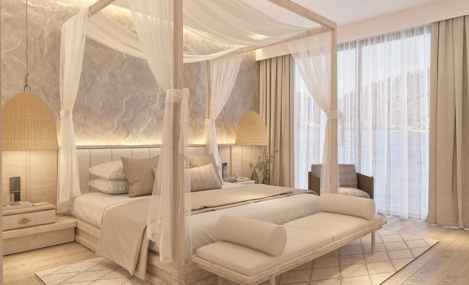 A spacious bedroom with a four-poster canopy bed, a daybed, and a bedside table with a lamp.