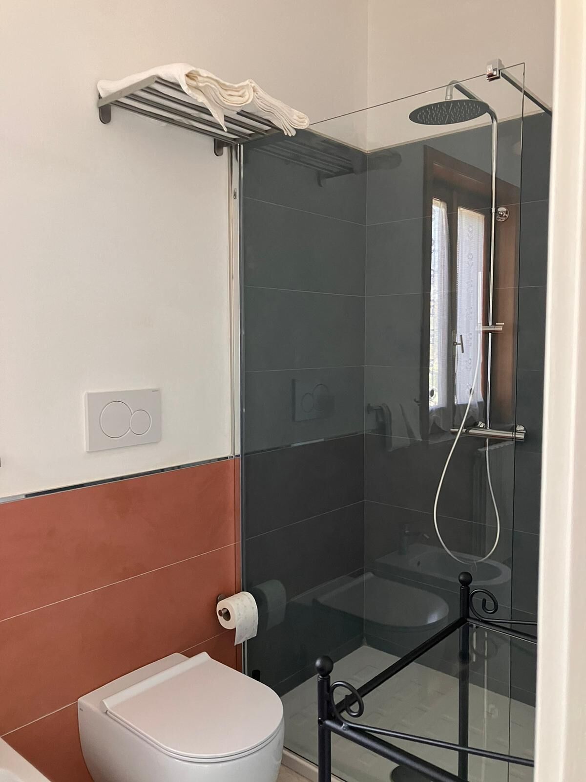 A modern bathroom with a glass shower enclosure, a toilet, and a towel rack.