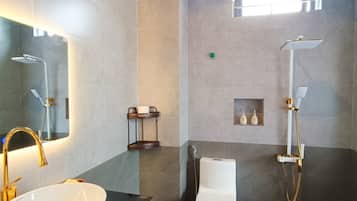 Combined shower/tub, hydromassage showerhead, designer toiletries