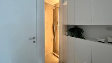 Shower, hair dryer, bidet, towels