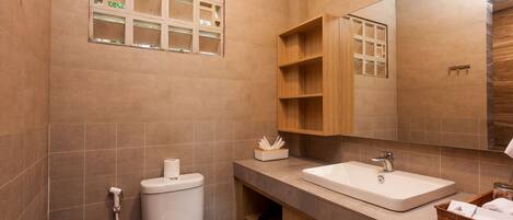 A modern bathroom with a toilet, sink, and wooden shelves.