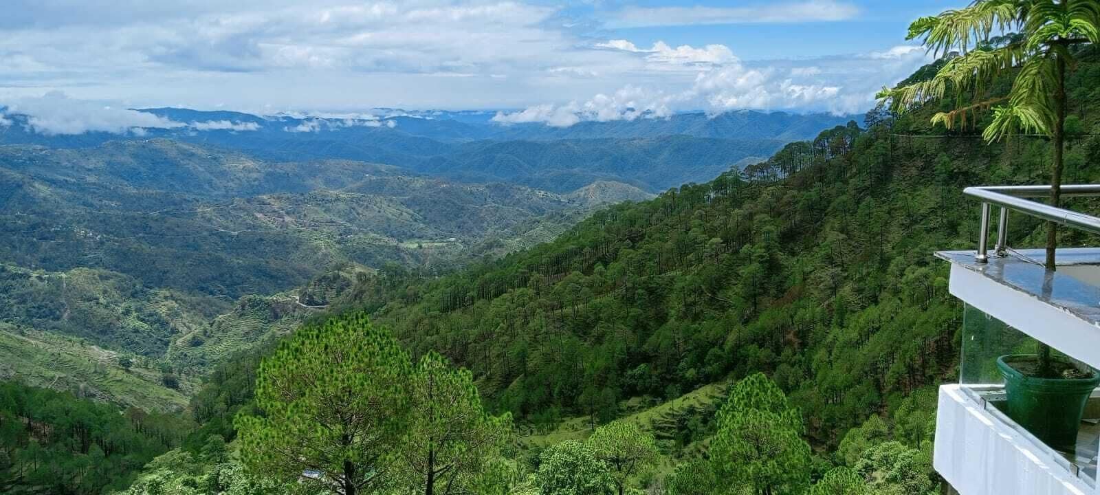 Un paisaje montañoso con campos en terrazas y un bosque denso.