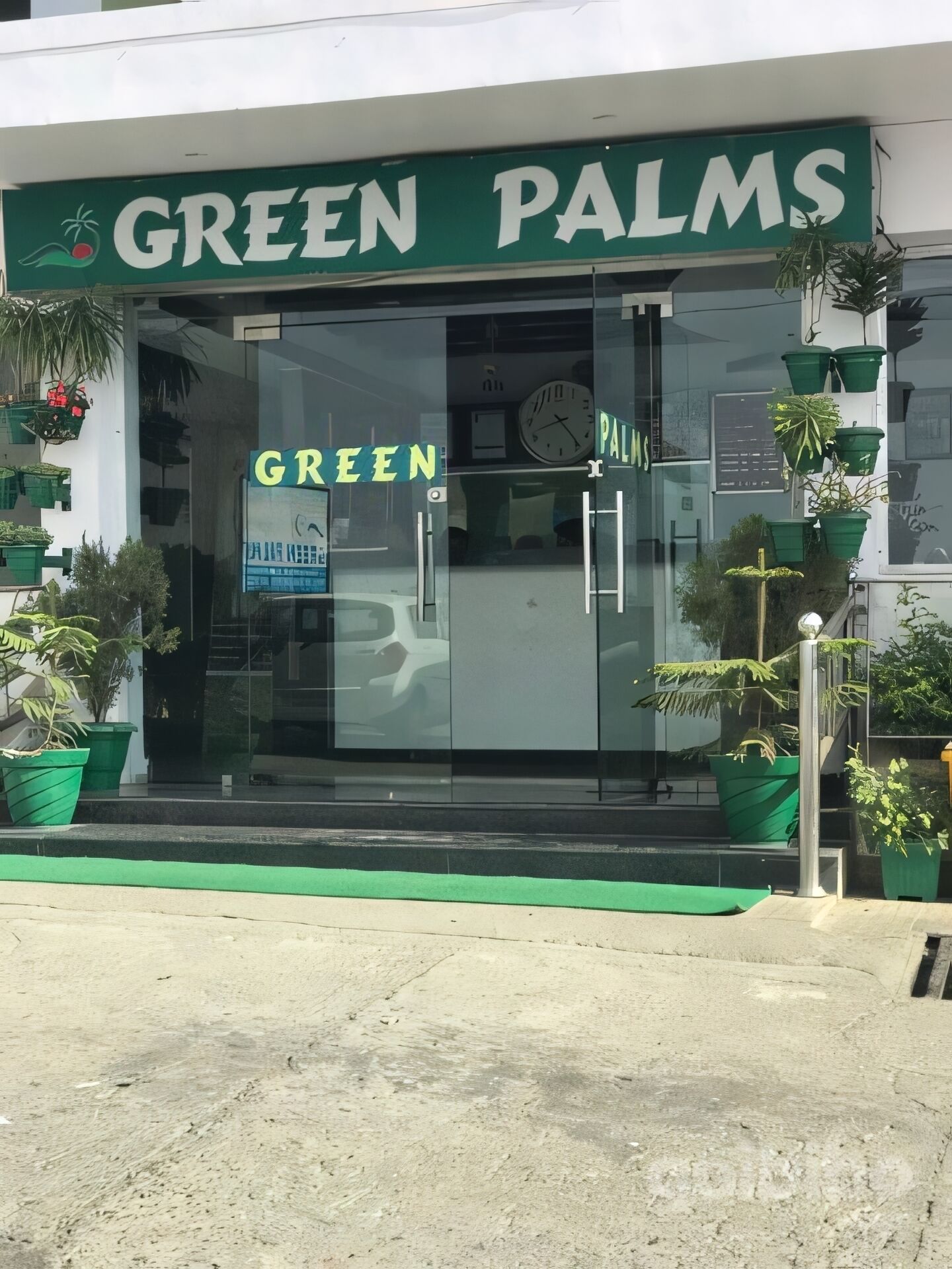 Un escaparate con un cartel que dice "GREEN PALMS".