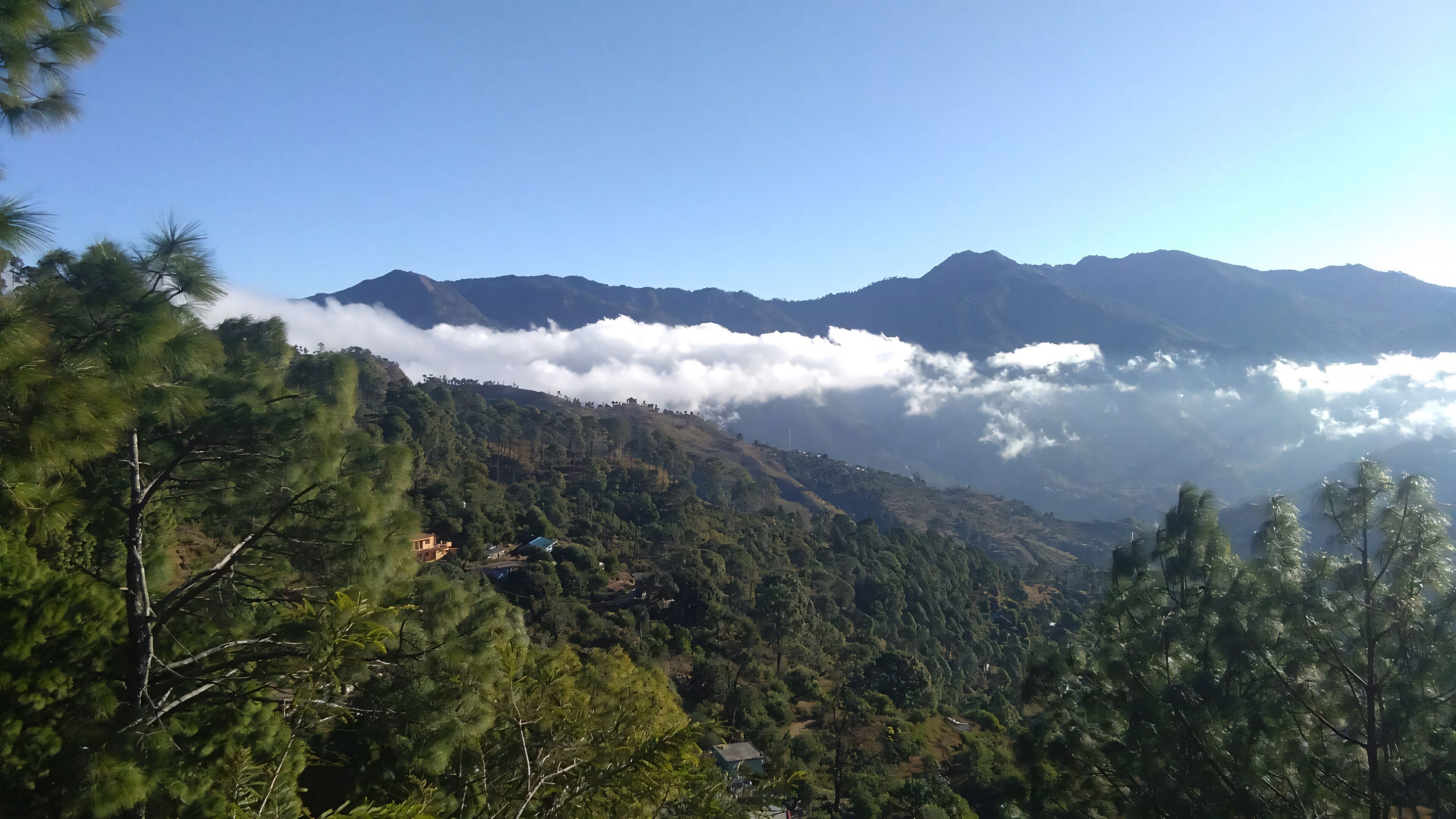 A mountainous landscape with dense forests and a few scattered buildings.