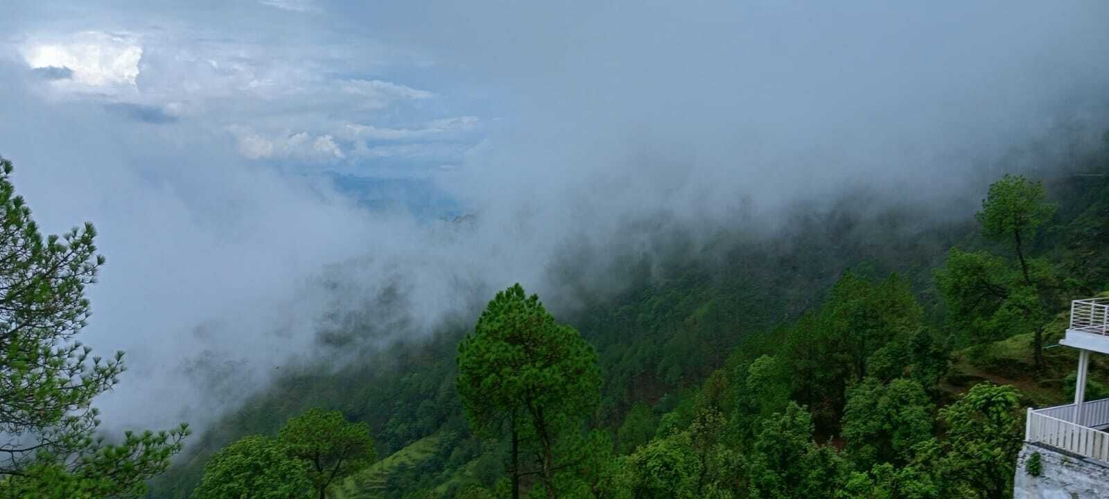 A mountainous landscape with dense forests and a misty atmosphere.