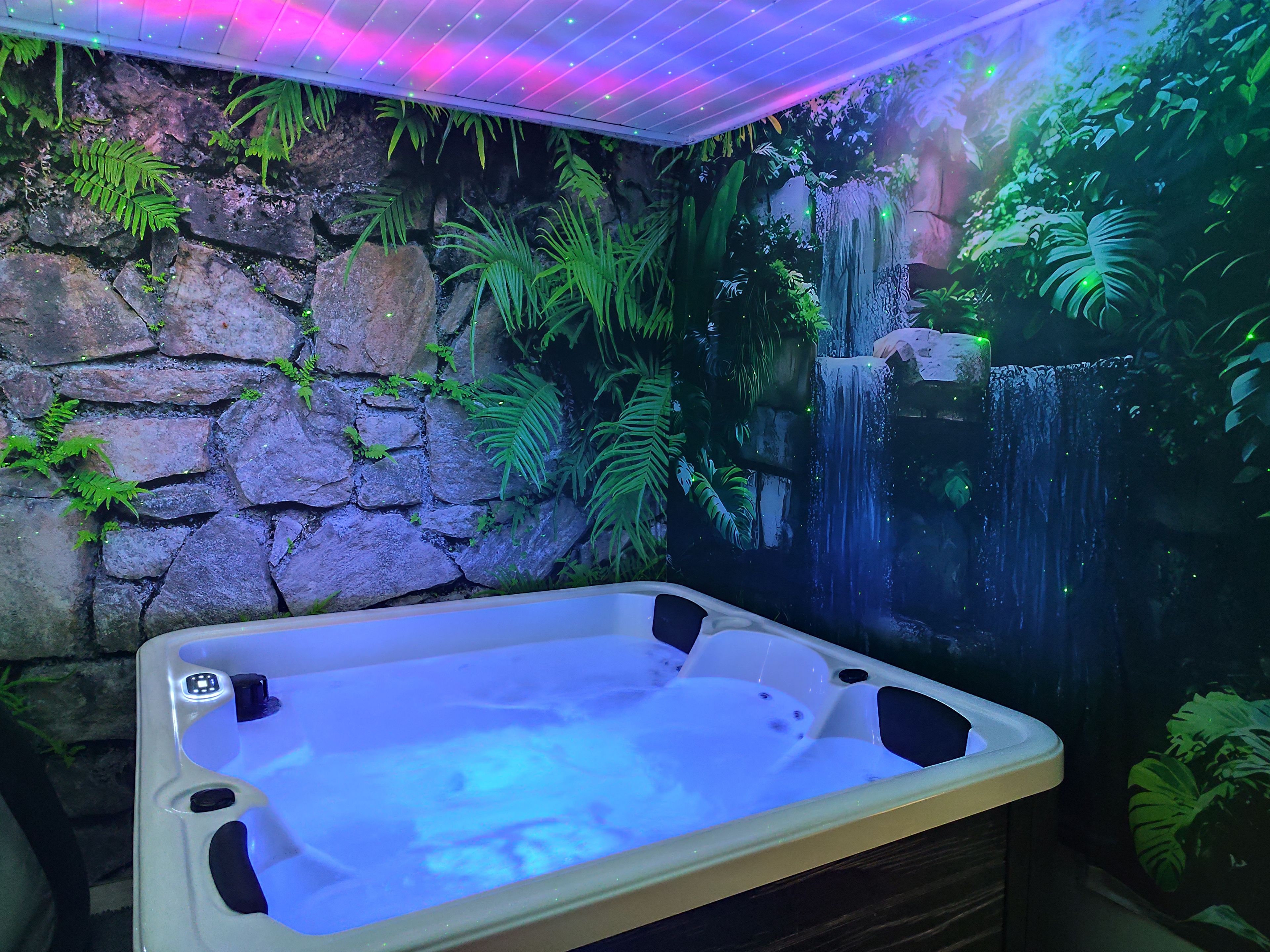 Un bain à remous dans une pièce avec un mur en pierre et une fresque représentant une cascade.