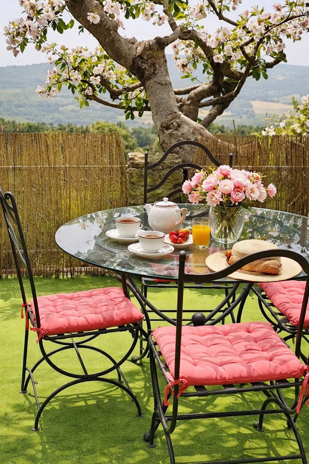 Un espace repas extérieur avec une table ronde en verre, des chaises rembourrées de couleur rouge, une théière blanche, des tasses, une assiette de fraises, un verre de jus d’orange et un vase rempli de fleurs roses.