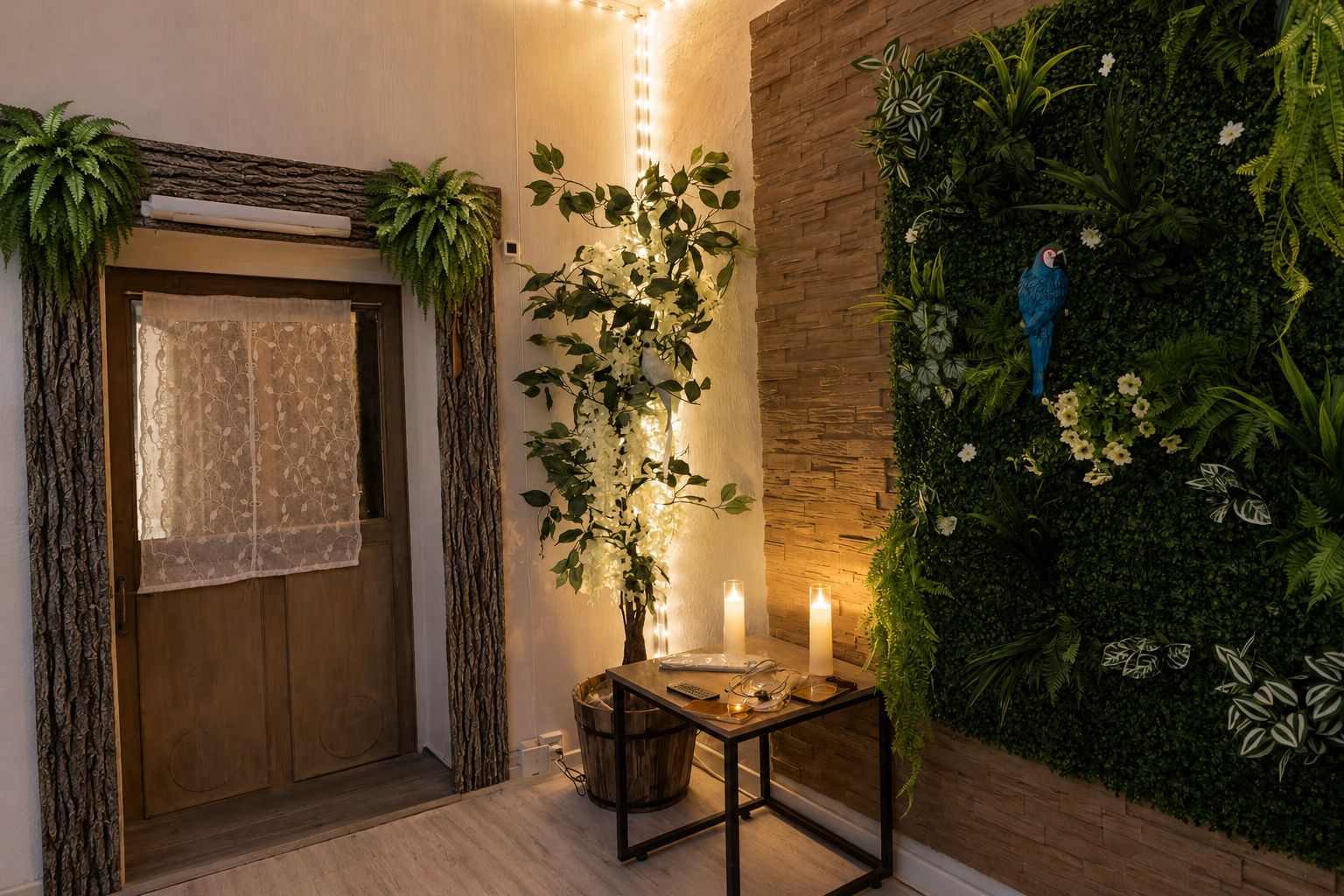 Un couloir avec une porte en bois, une table ornée de bougies et un mur décoré de plantes et d’éléments décoratifs.