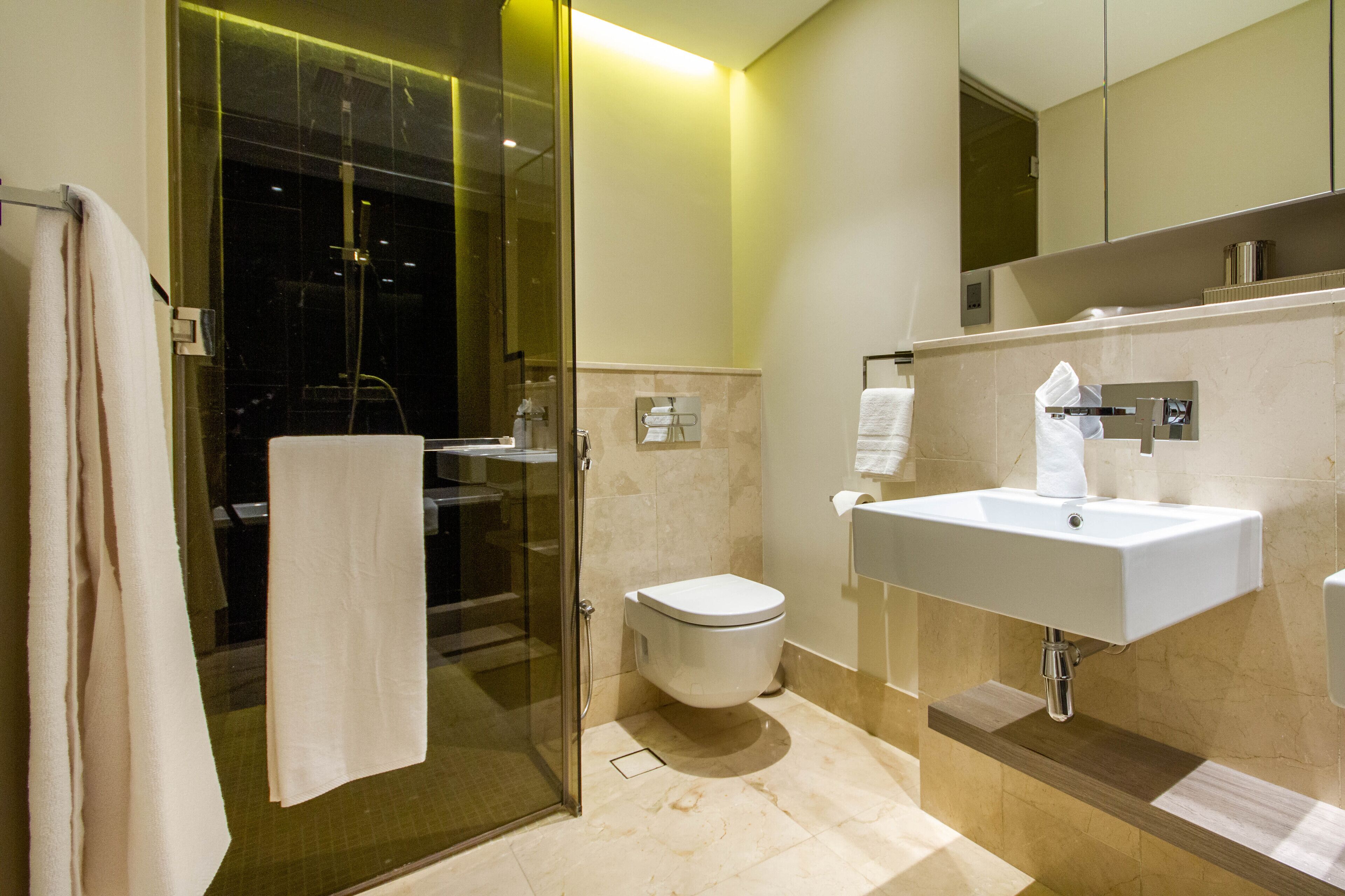 A modern bathroom with a glass shower enclosure, a white toilet, and a sink with a mirror above it.
