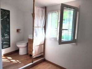 Shower, hair dryer, soap, toilet paper