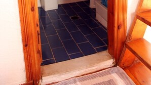 Une petite salle de bain comprenant des toilettes, un bidet et un rideau de douche bleu.