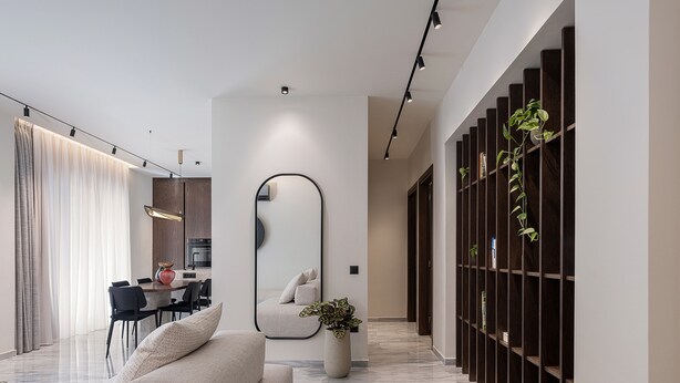 Una sala de estar moderna con un sofá, un espejo grande y una estantería con plantas.
