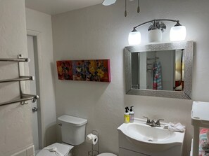 Shower, hair dryer, towels