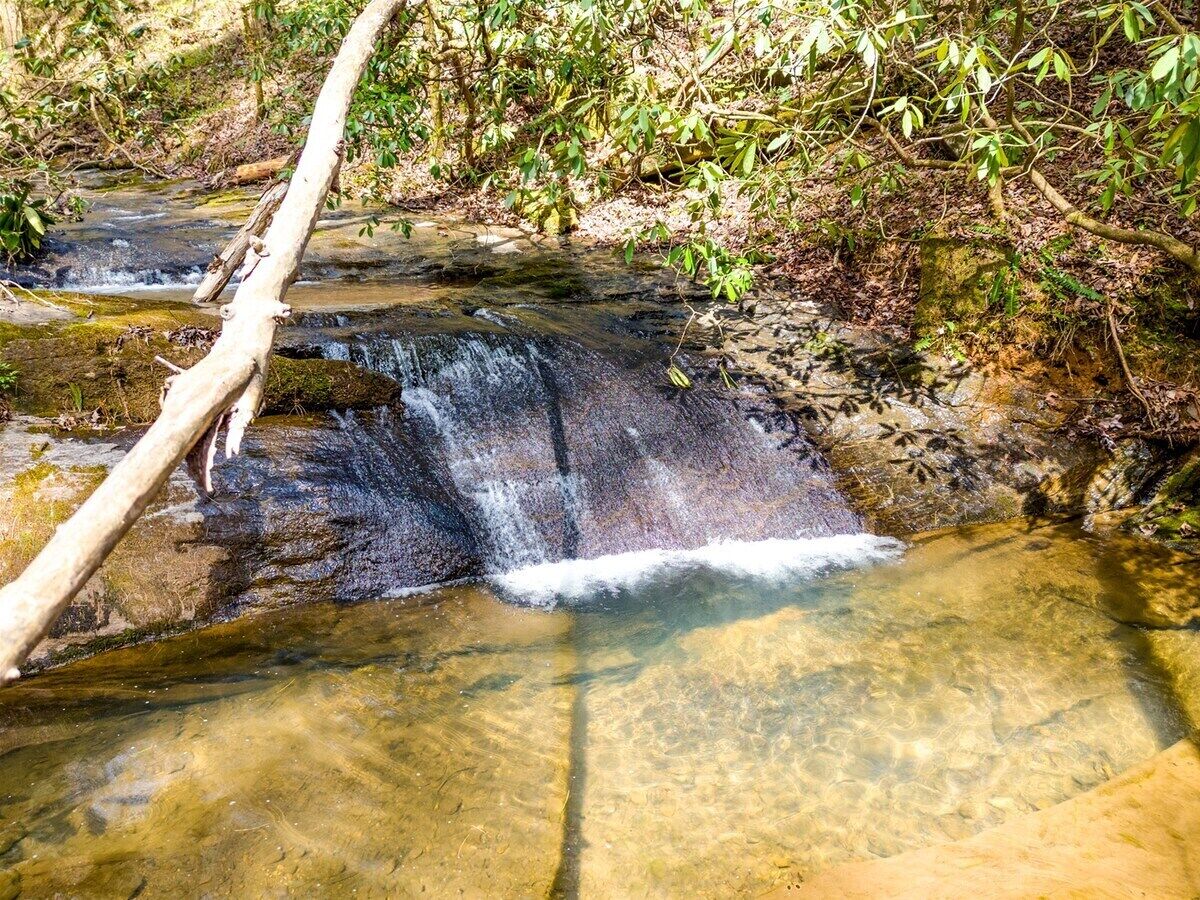 A small waterfall in a natural setting with clear water and surrounding vegetation.