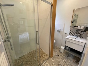 Shower, hair dryer, towels