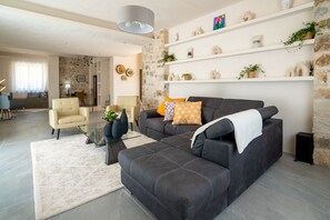 Luxury Villa, Valley View | Living area | Flat-screen TV, fireplace - Villa Domus Sicilia - Charming Living (Modica)