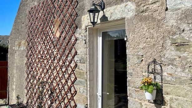 A stone building with a metal lattice on the left, a door with a light fixture above it, and a potted plant on the right.