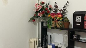 A room with a radiator, a shelf with a cactus, a box labeled 'FULLTALIG', and a 'DROP KEYS HERE' sign. - VENICE NIGHT 25 FAMILY ROOM D (Mestre)