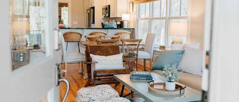 TV, fireplace, books